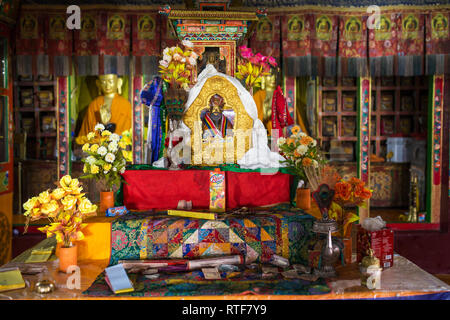 Leh, India - June 26, 2017: Detail of the altar in Stakna gompa monastery temple in Leh, Jammu and Kashmir state, Ladakh, India Stock Photo