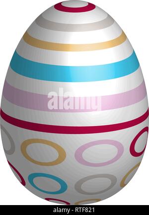 Easter egg isolated on white background with colorful stripes, circles and plastic shading. Stock Vector