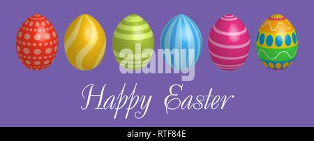 Easter egg icons. Geometric design texture. Decoration Happy Easter celebration. Spring symbol. Colourful pattern element. Violet background. Stock Vector