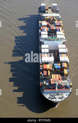 Aerial view, Containership on Elbe River, Hamburg, Germany Stock Photo
