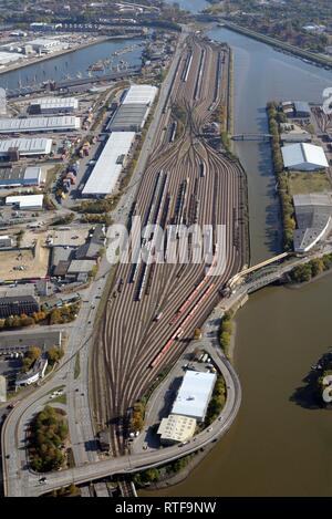 Aerial view, Port railway station Hamburg Süd, Hamburg, Germany Stock Photo