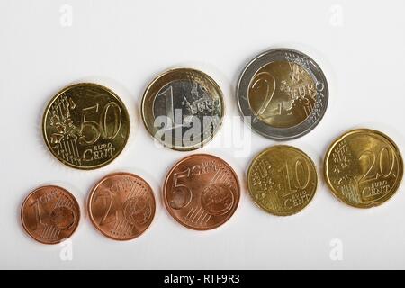 Euro and Cent coins, 1 Cent, 2 Cent, 5 Cent, 10 Cent, 20 Cent, 50 Cent, 1 euro, 2 euro coins, Germany