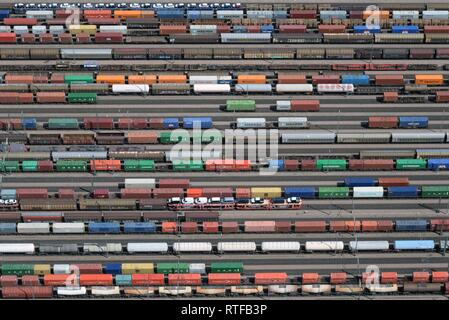 Aerial view, freight trains, waggons at Maschen marshalling yard, Lower Saxony, Germany Stock Photo