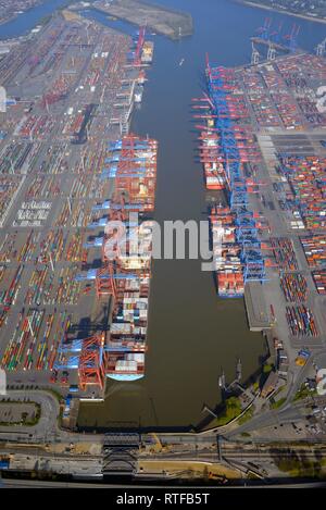 Aerial view, Eurogate and Burchardkai at Waltershofer Hafen harbour, container port, Hamburg, Germany Stock Photo