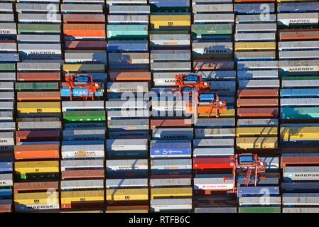 Aerial view, Container and straddle carrier at Burchardkai, Hamburg Germany Stock Photo