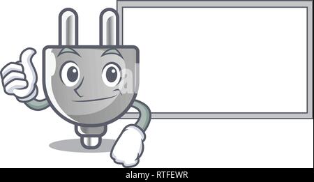 Thumbs up with board power plug stuck the cartoon wall Stock Vector