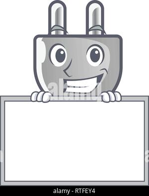 Grinning with board power plug stuck the cartoon wall Stock Vector