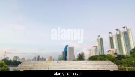 Empty brown rock stone shelf with City background Stock Photo