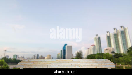 Empty brown rock stone shelf with City background Stock Photo