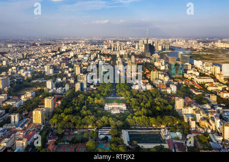 Top view aerial of Independence Palace or Reunification Palace and center Ho Chi Minh City, Vietnam with development buildings, transportation Stock Photo