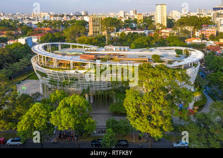 Top view aerial of children's cultural house at Le Quy Don street, Ho Chi Minh City with development buildings, transportation. Vietnam Stock Photo