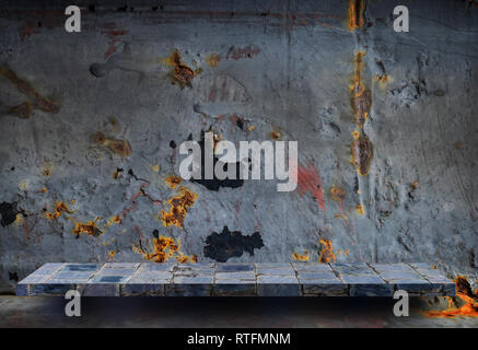 Empty stone shelf on rustic metal wall for product display Stock Photo