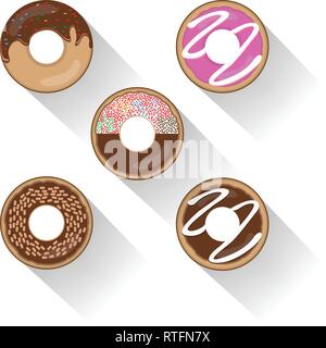 Donut set with sprinkles isolated tasty cream doughnut. Pastry snack cake breakfast donut food bakery sugar chocolate delicious. Stock Vector
