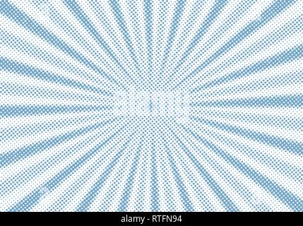 Retro blue sunburst and rays comic cartoon halftone style background. Abstract vintage grunge with sunlight. Vector illustration Stock Vector