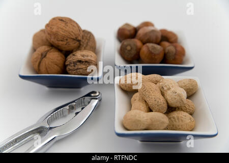 walnuts, hazelnuts and peanuts in three bowls on white background Stock Photo
