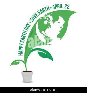 Happy Earth Day logo design.Save earth logo.Earth map in the inside of leafs Stock Vector