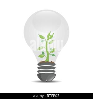 Detail realistic logo template with plant growing inside light bulb, ecology, growth, development concept. Stock Vector