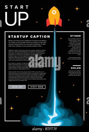 Paper cut startup infographic flyer template with space rocket - dark version Stock Vector