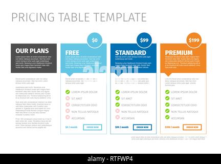 Minimalist product / service pricing versions comparison table cards - with description Stock Vector