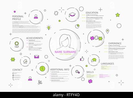 Vector original minimalist cv / resume template - creative version with thin line icons for girls and women Stock Vector