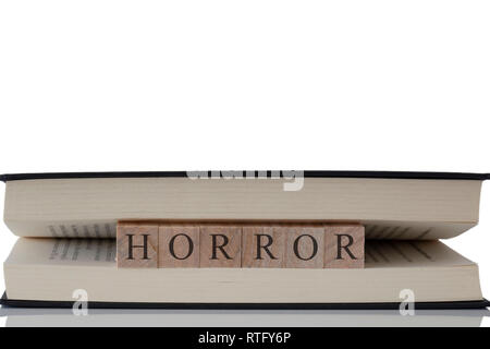 Horror written on wooden blocks inside a book isolated on a white background with reflection Stock Photo