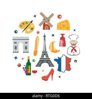 FRANCE Illustration with icons on white Stock Vector