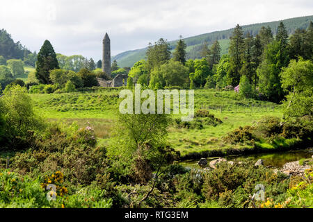Glendalough is a village with a monastery in County Wicklow, Ireland. The monastery was founded in the 6th century by saint Kevin, hermit and priest,  Stock Photo