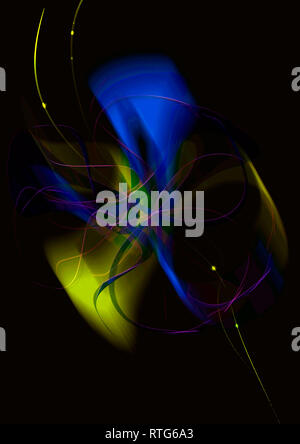 Abstract shape of blue and yellow shades of a blurred bow covered with purple thin stripes and gold lines with highlights on a black background Stock Photo