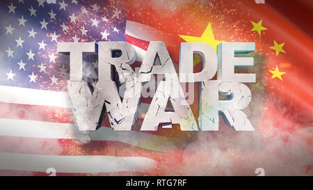 USA and China relationship concept. Cracked text Trade war on flag. 3D illustration. Stock Photo