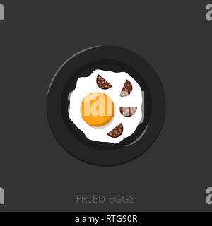Fried egg with sausages on the black plate Top view Stock Vector