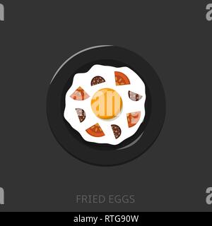 Fried eggs with tomatoes and sausages on the black plate Top view Stock Vector