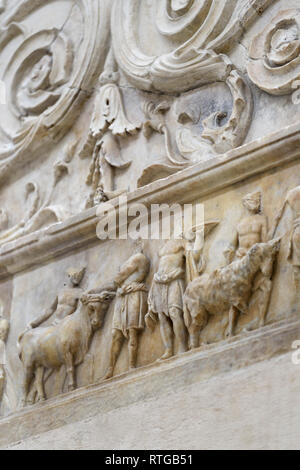Rome. Italy. The Ara Pacis Augustae, 13-9 BCE, Ara Pacis Museum. Detail of interior decoration relief showing a procession of priests leading animals  Stock Photo