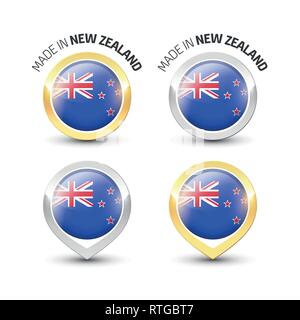 Made in New Zealand - Guarantee label with the flag of New Zealand inside round gold and silver icons. Stock Vector