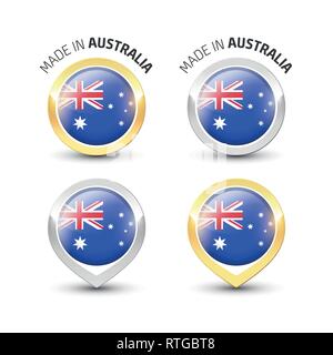 Made in Australia - Guarantee label with the Australian flag inside round gold and silver icons. Stock Vector