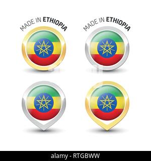 Made in Ethiopia - Guarantee label with the Ethiopian flag inside round gold and silver icons. Stock Vector