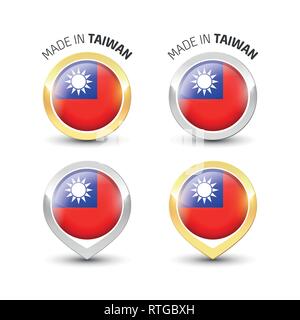 Made in Taiwan - Guarantee label with the Taiwanese flag inside round gold and silver icons. Stock Vector
