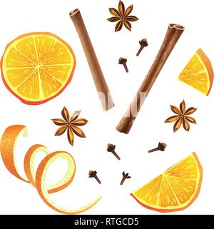 Set of orange, star anise, cloves and cinnamon Stock Vector