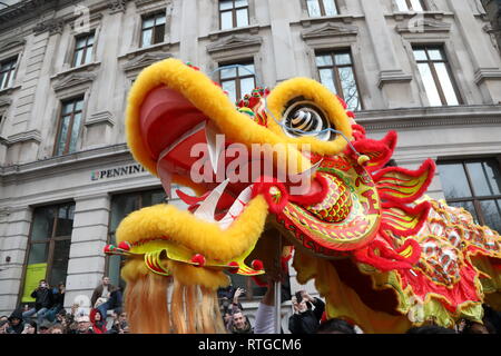 Chinese New Year celebration in Trafalgar Square in London on 10th February 2019. Stock Photo