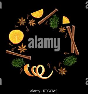 Wreath. Round garland of spices, orange and fir Stock Vector