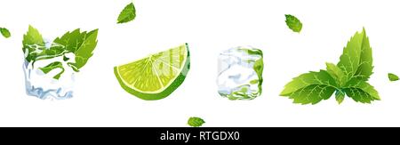 Set of Vector illustration lime, ice cube and mint Stock Vector