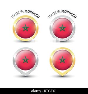 Made in Morocco - Guarantee label with the Moroccan flag inside round gold and silver icons. Stock Vector