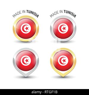 Made in Tunisia - Guarantee label with the Tunisian flag inside round gold and silver icons. Stock Vector