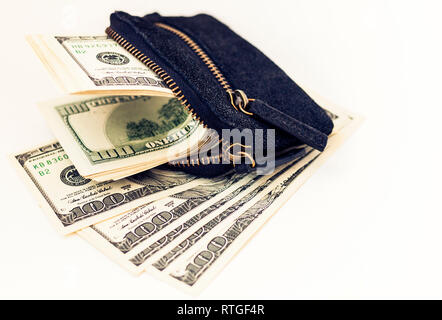 Black suede leather wallet isolated on white background with dollars Stock Photo