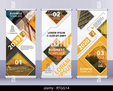 One, two, three white roll up business banners. Vertical orange template vector Abstract background. Stock Vector