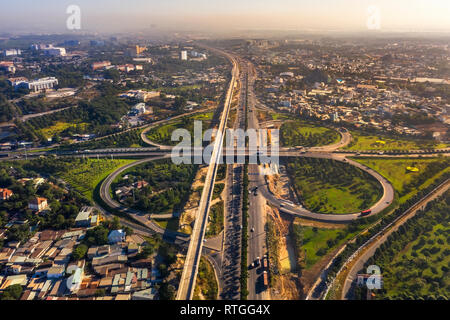 Top view aerial of ' Tram 2 ' overpass, intersection of 1A national road with Hanoi highway. Ho Chi Minh City, Vietnam. View from Dong Nai to 9 Stock Photo