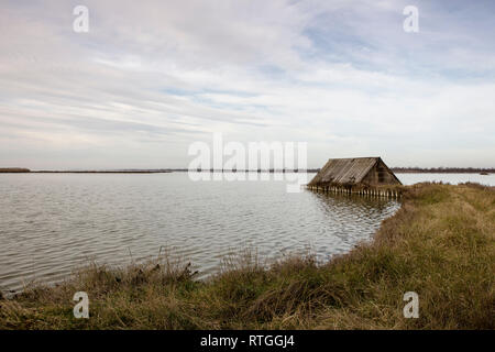 An old fishing depot in the Po Delta wetlands near Comacchio Stock Photo