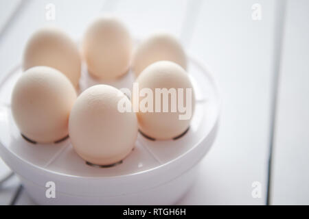 Chicken eggs in a egg electric cooker on a white wooden table Stock Photo