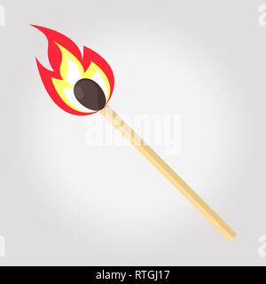 Burning match with fire,burnt matchstick. Flat design style. Vector illustration isolated on white background. Stock Vector