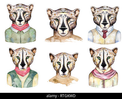 Hand drawn portrait of cute tiger girl cat in clothing. Watercolor illustration isolated on white. Stock Photo