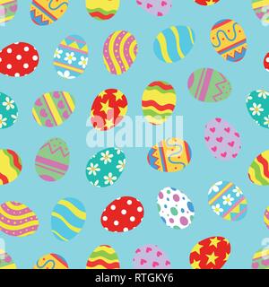 Easter eggs seamless pattern on light blue backgrond. Hand drawn vector illustration. Stock Vector
